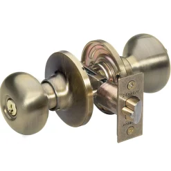 Biscuit Style Knob Entry Door Lock; Antique Brass
