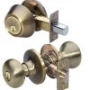 Biscuit Style Knob Entry Door Lock with Single Cylinder Deadbolt; Combo Pack; Antique Brass