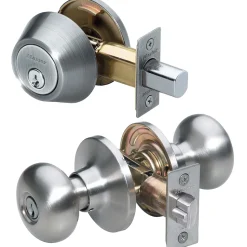 Biscuit Style Knob Entry Door Lock with Single Cylinder Deadbolt; Combo Pack; Satin Nickel