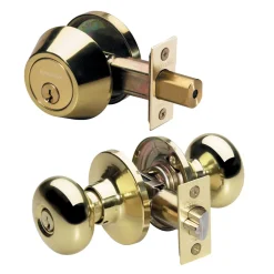 Biscuit Style Knob Entry Door Lock with Single Cylinder Deadbolt; Combo Pack; Polished Brass, SC1