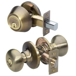 Biscuit Style Knob Entry Door Lock with Single Cylinder Deadbolt; Combo Pack; Antique Brass, SC1