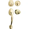 Handleset with Biscuit Style Knob Interior and Single Cylinder Deadbolt; Polished Brass, KW1