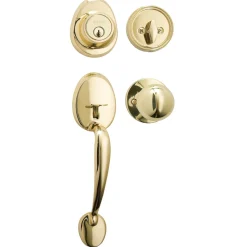 Handleset with Biscuit Style Knob Interior and Single Cylinder Deadbolt; Polished Brass, SC1