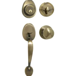 Handleset with Biscuit Style Knob Interior and Single Cylinder Deadbolt; Antique Brass, KW1