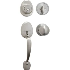 Handleset with Biscuit Style Knob Interior and Single Cylinder Deadbolt; Satin Nickel, KW1