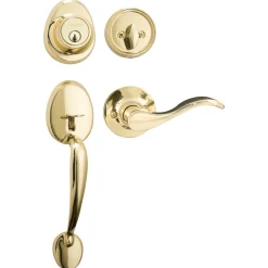 Handleset with Wave Style Lever Interior and Single Cylinder Deadbolt (Right Hand); Polished Brass, WR5