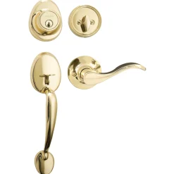 Handleset with Wave Style Lever Interior and Single Cylinder Deadbolt (Left Hand); Polished Brass, SC1