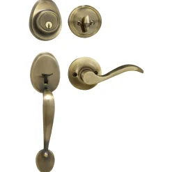 Handleset with Wave Style Lever Interior and Single Cylinder Deadbolt (Left Hand); Antique Brass, WK2