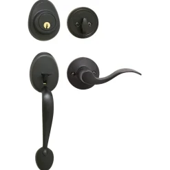 Handleset with Wave Style Lever Interior and Single Cylinder Deadbolt (Left Hand); Aged Bronze, WK2