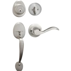 Handleset with Wave Style Lever Interior and Single Cylinder Deadbolt (Left Hand); Satin Nickel, KW1