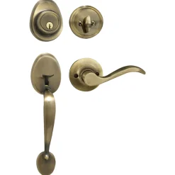Handleset with Wave Style Lever Interior and Single Cylinder Deadbolt (Right Hand); Antique Brass, WK2