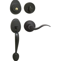 Handleset with Wave Style Lever Interior and Single Cylinder Deadbolt (Right Hand); Aged Bronze, SC1