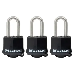 1-9/16in (40mm) Wide Covered Stainless Steel Pin Tumbler Padlock with 1-1/2in (38mm) Shackle; 3-Pack; Black