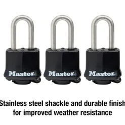 1-9/16in (40mm) Wide Covered Stainless Steel Pin Tumbler Padlock with 1-1/2in (38mm) Shackle; 3-Pack; Black