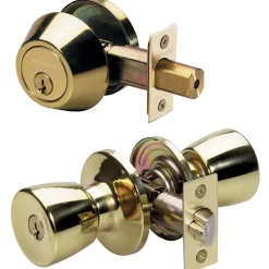 Tulip Style Knob Entry Door Lock with Single Cylinder Deadbolt; Combo Pack; Polished Brass, KW1