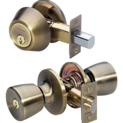 Tulip Style Knob Entry Door Lock with Single Cylinder Deadbolt; Combo Pack; Antique Brass, KW1