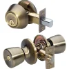 Tulip Style Knob Entry Door Lock with Single Cylinder Deadbolt; Combo Pack; Antique Brass, WK2