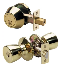 Tulip Style Knob Entry Door Lock with Single Cylinder Deadbolt; Combo Pack; Polished Brass