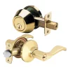 Wave Style Lever Entry Door Lock with Single Cylinder Deadbolt; Combo Pack; Polished Brass, WK2