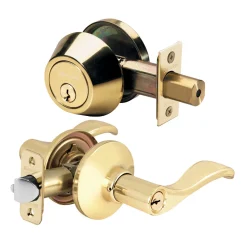 Wave Style Lever Entry Door Lock with Single Cylinder Deadbolt; Combo Pack; Polished Brass, WK2